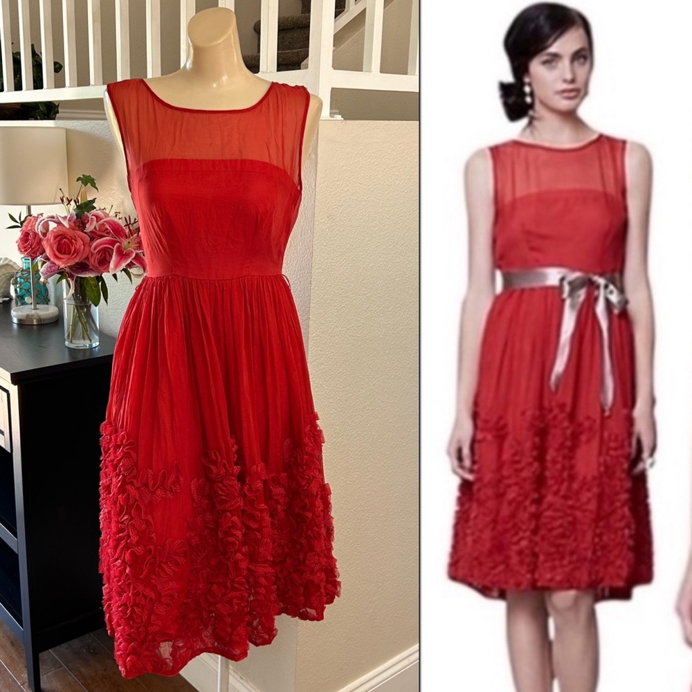 Anthropologie Red Sleeveless Midi Dress with Floral Appliqué